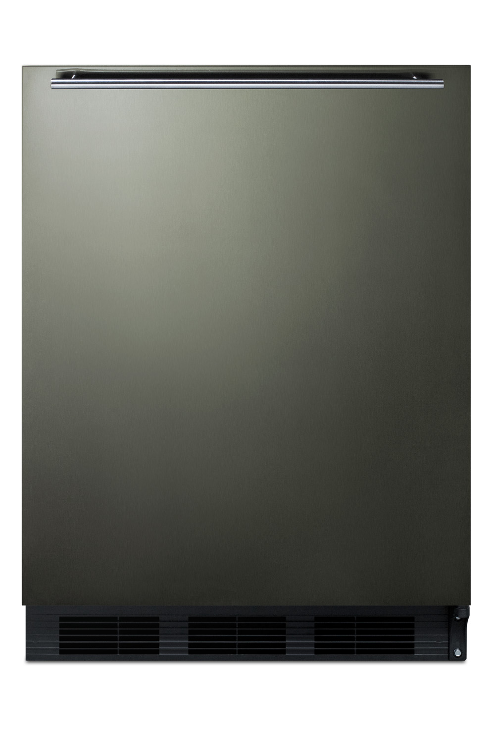 ADA compliant built-in undercounter all-refrigerator for residential use, auto defrost with black stainless steel wrapped door, horizontal handle, and black cabinet